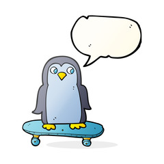 speech bubble cartoon penguin riding skateboard