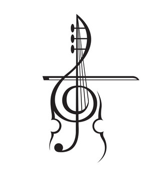 monochrome illustration of violin and treble clef