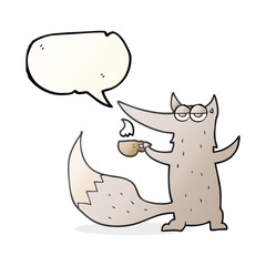 speech bubble cartoon wolf with coffee cup