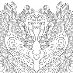 Obraz premium Zentangle stylized two cartoon lovely giraffes with a heart. Sketch for adult antistress coloring page. Hand drawn doodle, zentangle, floral design elements for coloring book.