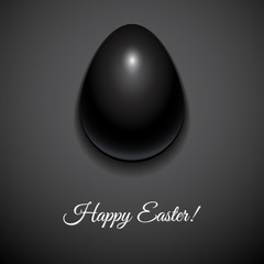 Happy Easter greeting card design with creative black glossy easter egg on dark background and sign Happy Easter, vector illustration
