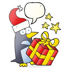 speech bubble cartoon christmas penguin with present