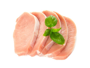 raw pork pieces isolated on white background