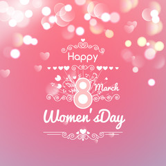 Greeting card with March 8, women's day on bokeh background, vector