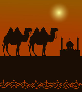 camels on the desert with middle east architecture 