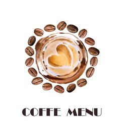 Watercolor roasted coffee beans, hot cup of coffee with heart foam drawing - 104223501