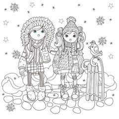 Fototapeta na wymiar Vector cute girls in winter hat with sledge and bird.Vector line illustration.Sketch for postcard or print or coloring adult book.Boho zentangle style.