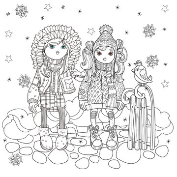 Vector cute girls in winter hat with sledge and bird.Vector line illustration.Sketch for postcard or print or coloring adult book.Boho zentangle style.