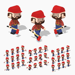 Low poly lumberjack with white skin, brown hair, mustache and beard. In the red shirt, blue jeans and black boots. 3D lowpoly isometric vector illustration. The set of objects isolated against the