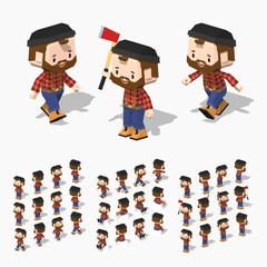 Low poly lumberjack with white skin, brown hair, mustache and beard. In the red shirt, blue jeans and orange boots. 3D lowpoly isometric vector illustration. The set of objects isolated against the