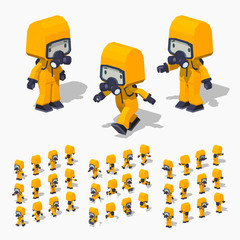 Low poly man in the orange protective suit. 3D lowpoly isometric vector illustration. The set of objects isolated against the white background and shown from different sides