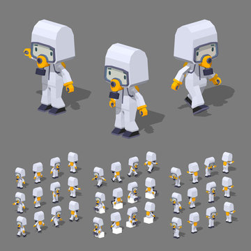 Low poly man in the white protective suit. 3D lowpoly isometric vector illustration. The set of objects isolated against the grey background and shown from different sides