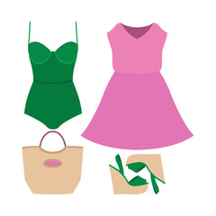 Set of trendy women's clothes. Outfit of woman solid swimsuit, dress and accessories. Women's wardrobe. Vector illustration