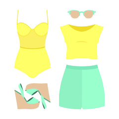 Set of trendy women's clothes. Outfit of woman swimsuit, shorts, top and accessories. Women's wardrobe. Vector illustration