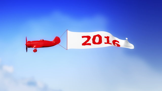 Plane 2016 in Clouds (Loop). Little plane with 2016 text on the banner, flying through clouds in seamless loop.