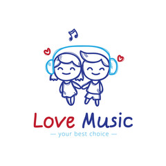 Vector sketch style girl and boy in headphones cartoon characters. Music shop or karaoke bar logo.