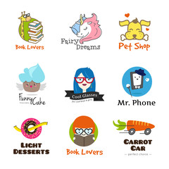 Set of vector bright cartoon style logos. 