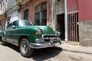 Green american car in Old Havana, Cuba