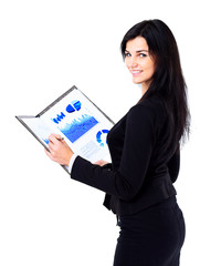 Smiling business woman holding document on clipboard isolated on white background