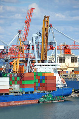 Naklejka premium Cargo crane and container ship