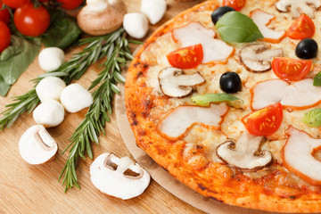 Pizza with mushrooms and vegetables