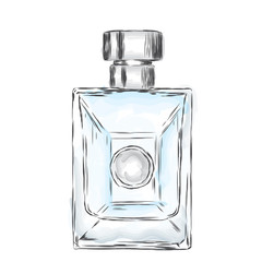 Men's fragrance. The bottle of toilet water in the vector. Male fragrance. Perfume watercolor. Hand drawing perfumes.
