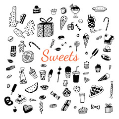 Set of various doodles, hand drawn rough simple sweets.