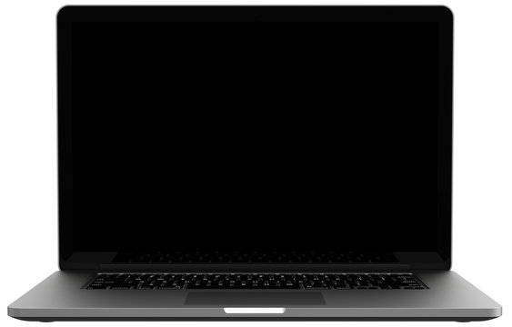 Laptop with blank screen isolated on white background, dark aluminium body.Whole  in focus. High detailed.