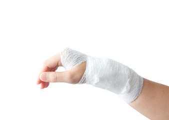 Injured painful hand with white gauze bandage. isolated on white