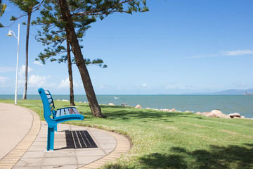 Empty blue park bench looking out to the sea, The Strand, Townsville, Australia