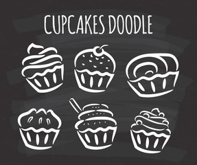 Set of cupcake doodle on chalkboard background