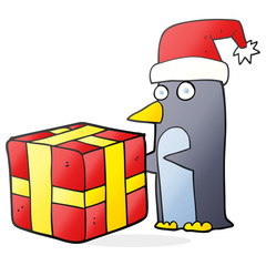 cartoon christmas penguin with present