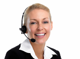 Smiling agent woman with headsets.