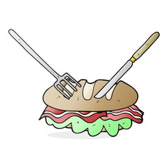 cartoon knife and fork cutting huge sandwich