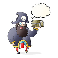 thought bubble cartoon pirate captain with treasure chest