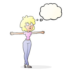 thought bubble cartoon woman spreading arms