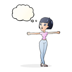 thought bubble cartoon woman spreading arms