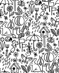 print, seamless pattern, set of black icons and symbols on a white background, spring, summer, vector illustration