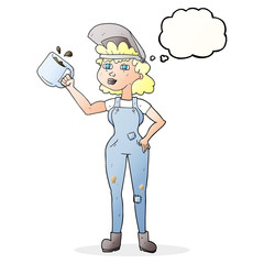 thought bubble cartoon woman in dungarees