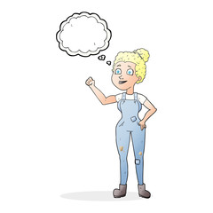 thought bubble cartoon woman in dungarees