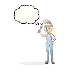 thought bubble cartoon capable woman with wrench