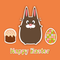 Пасхальный кролик, кулич и яйцо на оранжевом  фоне