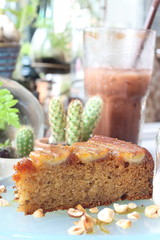 Slice of banana cake, selective focus