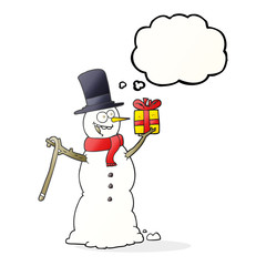 thought bubble cartoon snowman holding present
