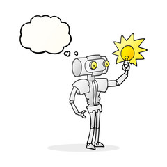 thought bubble cartoon robot with light bulb
