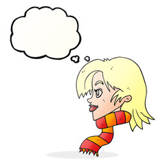 thought bubble cartoon woman wearing scarf