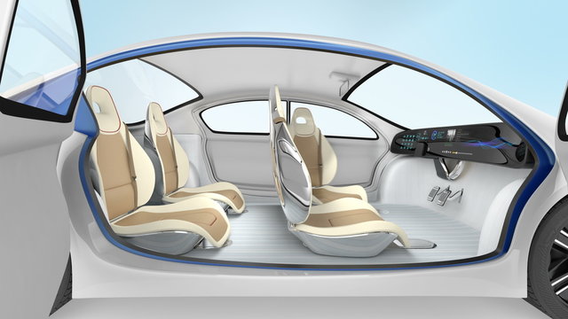 Demonstration of autonomous electric car. The car offer folding steering wheel, rotatable passenger seat. 3D animation in original design.