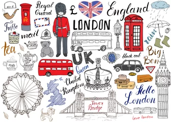 Foto op Canvas London city doodles elements collection. Hand drawn set with, tower bridge, crown, big ben, royal guard, red bus and black cab, UK map and flag, tea pot, lettering, vector illustration isolated © saint_antonio