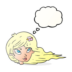 thought bubble cartoon woman with blowing hair