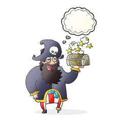thought bubble cartoon pirate captain with treasure chest